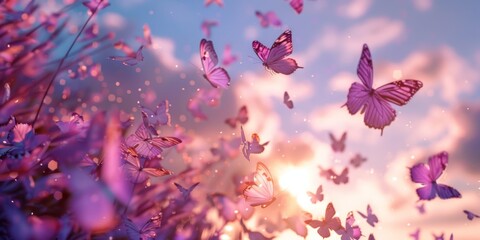 Colorful butterflies gracefully fluttering in a stunningly vibrant sunset over a beautiful floral paradise