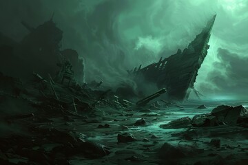 Ancient Ruins of a Desolate Shipwreck in a Mystical Foggy Swamp