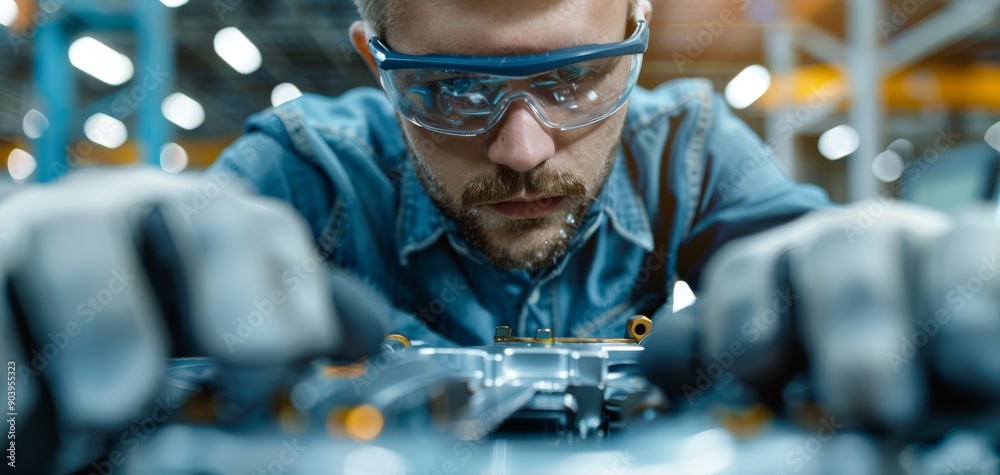 Poster Focused technician in safety gear working on precision mechanical components in a factory setting, showcasing industrial skill and attention to detail.