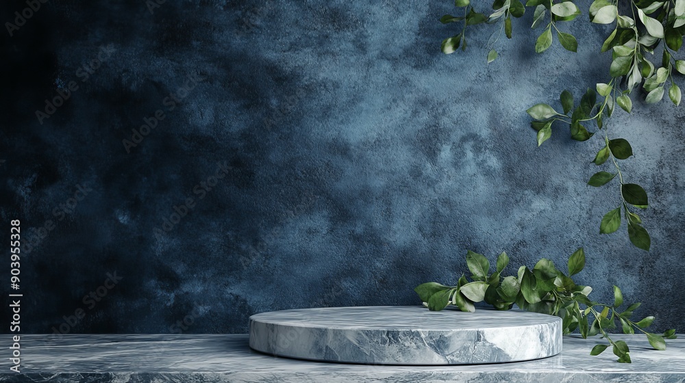 Poster green leaf background with an empty gray marble platform with golden edging for displaying products.
