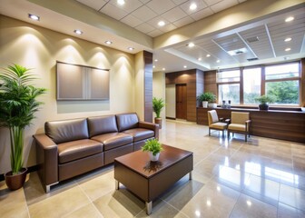 Fototapeta premium Modern empty waiting room in dental clinic lobby features a sleek reception desk with computer and chair, beige walls, and dark leather sofas awaiting patients.