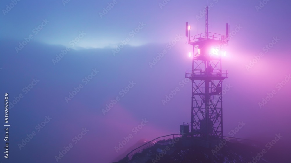 Poster a signal tower illuminated by soft purple lights, blending into the dusk.
