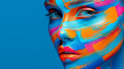 colored face of a woman with blue and orange color in abstract body paint style on clean blue background with copy space