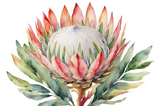 Watercolor king protea flower white background, Ai Generated - Powered by Adobe