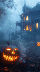 halloween pumpkin with a scary glowing face in front of a haunted house at night with fog