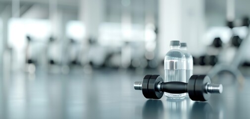 Fitness equipment on gym floor - a pair of dumbbells and a water bottle, with a blurred gym background.