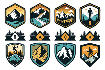 Mountain badge vector silhouette, perfect for camping or hiking enthusiasts. Silhouettes depict rugged peaks reaching towards the sky, ideal for creating emblems, logos, or adventure-themed designs.