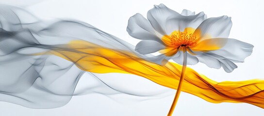 The background of the image is an abstract smokey black and gold background with an ink-style floating flower