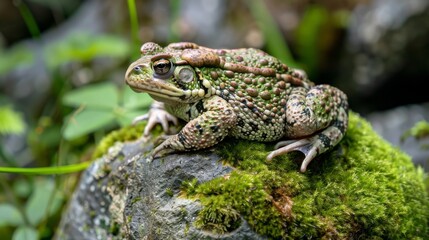 Obraz premium Toad Resting on Mossy Rock in Lush Greenery, Nature Wildlife Stock Photo, CloseUp Wildlife Photography for Posters, Cards