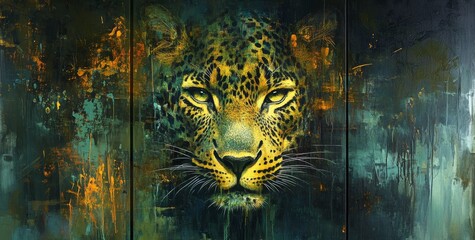 Illustration of paintings of green leopards with green eyes on black backgrounds.