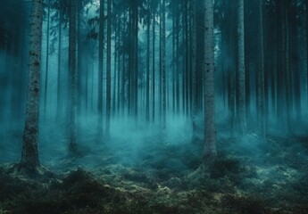 Obraz premium A dense forest with tall trees shrouded in thick mist, creating an ethereal and mystical atmosphere