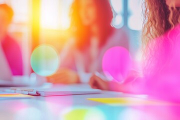 close up of a diverse group of business people collaborating in a modern office, bright and vibrant colors, natural lighting