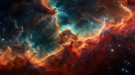 Fototapeta premium A swirling nebula featuring bright, glowing hues of green and blue, with wispy, smoky tendrils stretching across the canvas, evoking the boundless nature of the cosmos 