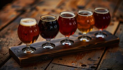 A wooden tray with five glasses of beer on it