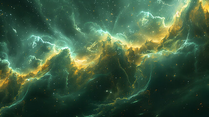 Fototapeta premium A cosmic nebula in vibrant hues of green and yellow, with swirling patterns and a sense of motion, highlighting the dynamic nature of the universe 