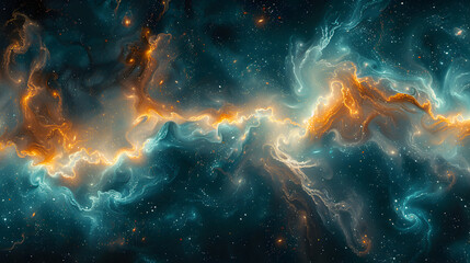 Fototapeta premium A depiction of a nebula with bright, ethereal colors like turquoise and violet, with soft, smoky edges fading into the dark background of space 