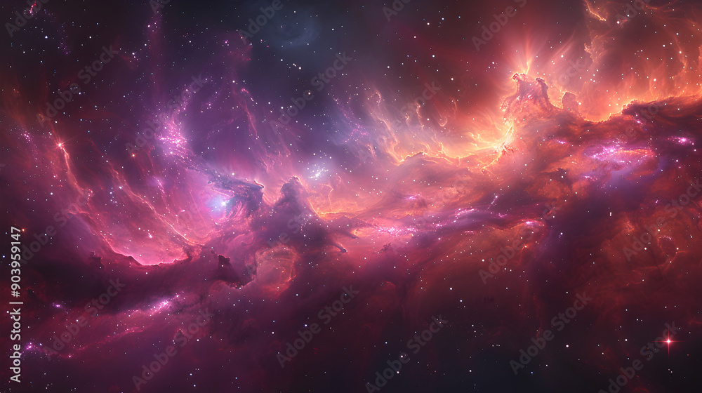 Wall mural a nebula with swirling masses of pinks and purples, interspersed with dark shadows, creating a dynam
