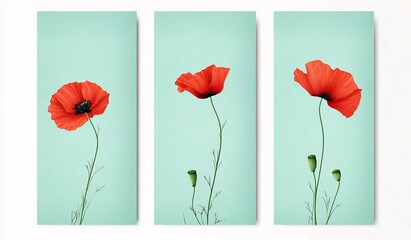 Red flowers with green grass. Three modern paintings. Illustration of plants.