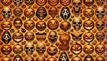 A detailed pattern with Halloween faces in various expressions such as laughing, scared, and grim on an orange background