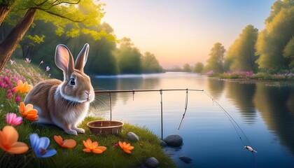 "Whimsical Fishing: A Rabbit's Sunny Day by the River"