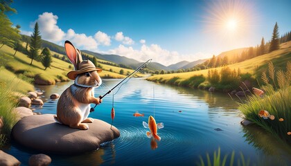 "Whimsical Fishing: A Rabbit's Sunny Day by the River"