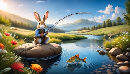 "Whimsical Fishing: A Rabbit's Sunny Day by the River"