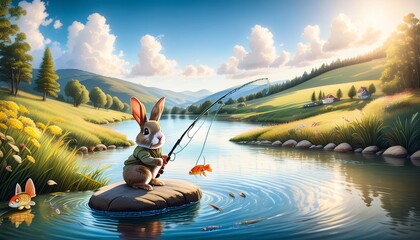 "Whimsical Fishing: A Rabbit's Sunny Day by the River"