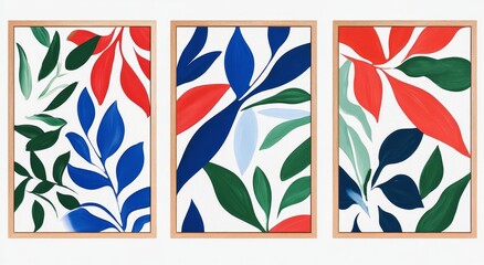 Three framed posters with red, blue, and white flowers