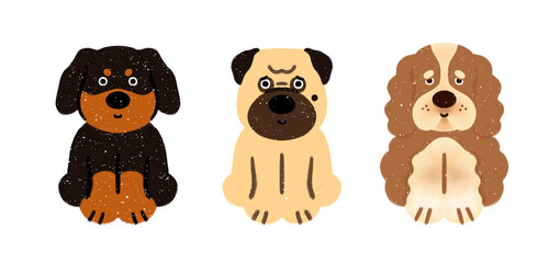 trendy simple cartoonish fluffy dog dogs puppy characters cute animal set full-body icons hand drawn illustration style picture book children's book pug cocker spaniel dachshund isolated background