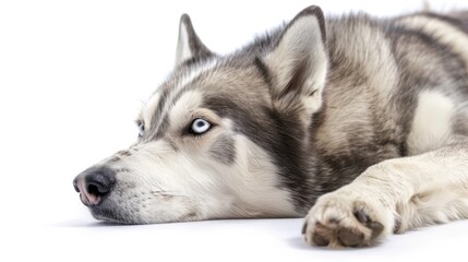 Fototapeta premium Husky laying over white background