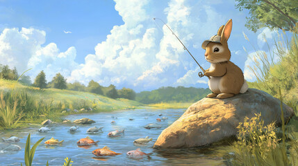 "Whimsical Fishing: A Rabbit's Sunny Day by the River"