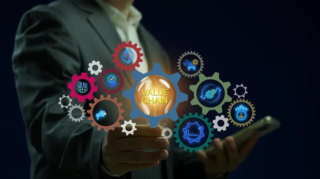 Value chain, business concept. Businessman showing gears banner icons of service, sales, operation, logistics, marketing, development, management, procurement on virtual screen.