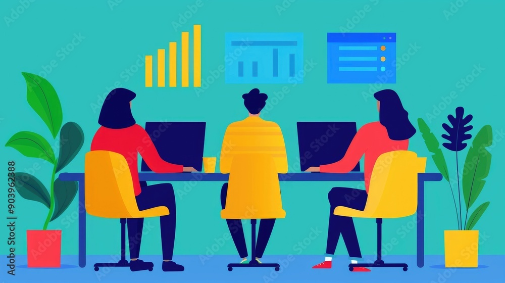 Poster a depicting a group of digital marketers collaborating and planning their search engine optimization