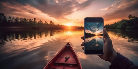 Hand taking photo with smart phone of sunset by the lake