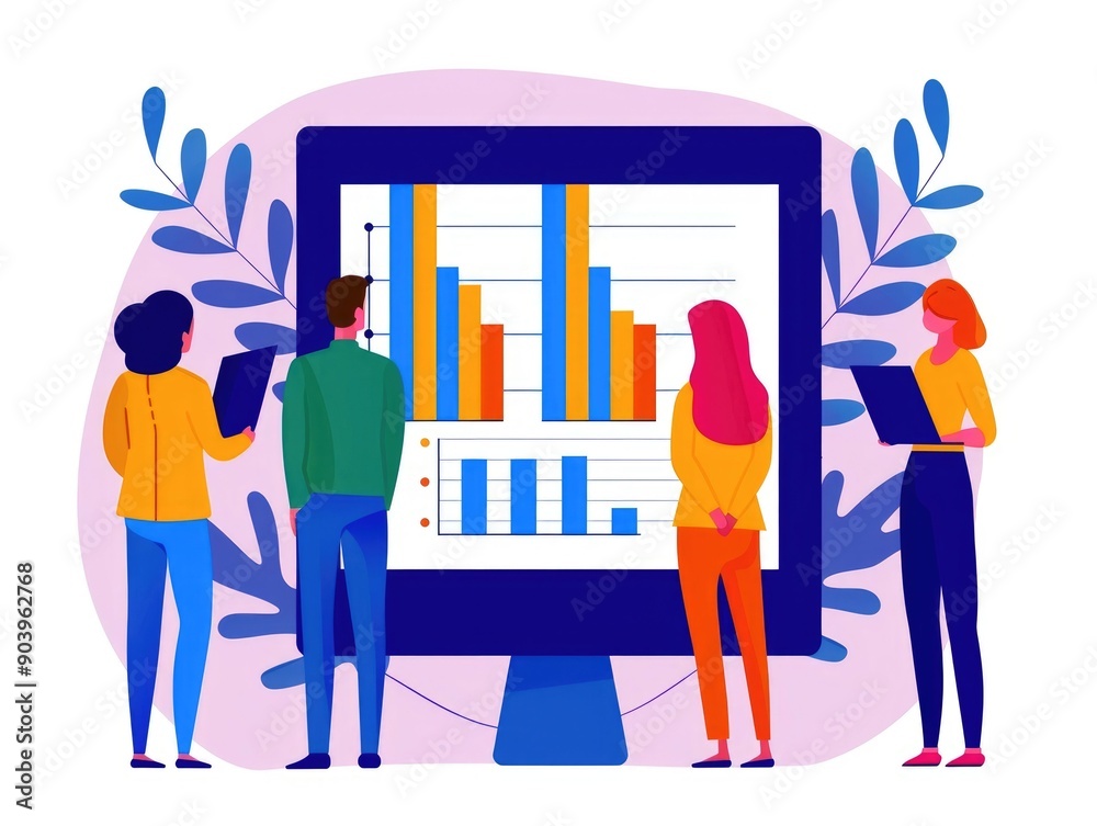Poster of a diverse digital marketing team collaborating to review business data analytics and seo performa