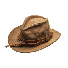 A brown leather hat with a wide brim and a leather band. The hat has a distressed look and is perfect for a casual, outdoorsy style.
