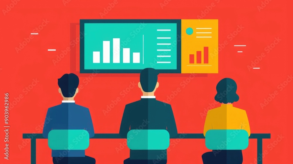 Poster flat design of a business strategy session with a team of experts analyzing and discussing data visu