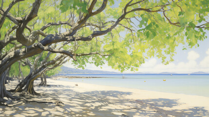 Tropical impressionist beach landscape with lush trees and calm sea