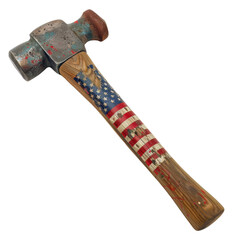 A close-up of a weathered hammer with an American flag design on the handle.  The hammer head shows signs of use.