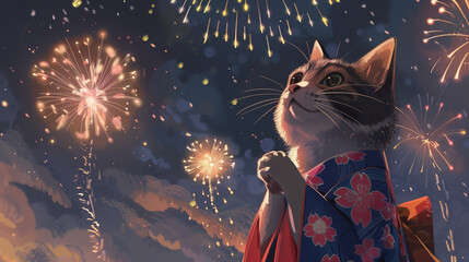 Wallpaper background of a cat in a yukata and a fireworks display in summer	