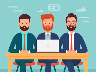 Three professional businessmen collaborating on SEO tactics and strategy in a modern