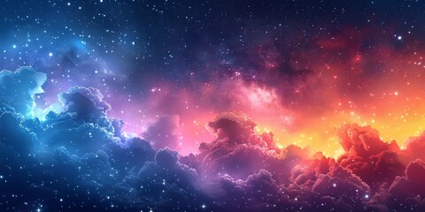 Obraz premium Colorful Background with Pastel Pink, Blue, Purple Stars and Clouds. Cute Digital Art