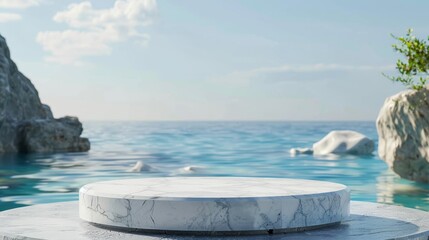 Imagine a stunning white marble podium against a breathtaking ocean, where gentle waves lap at rocky shores, creating a serene atmosphere perfect for ceremonies or presentations in natures beauty