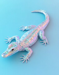 Naklejka premium shimmering silver crocodile on bluish green in pastel colors background