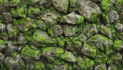 Stone Wall with Moss and Greenery