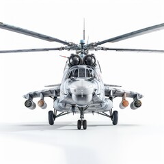 Medium shot of Mi-24 helicopter, isolated on a white background, bright and vivid tonality, 