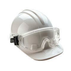 Fototapeta premium A white hard hat with safety goggles attached. The hard hat is a construction safety item.