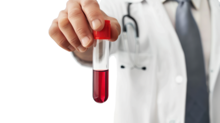 Doctor's hand holding a blood test tube on transparent background