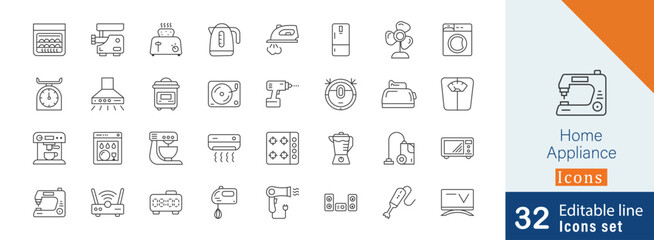 Home Appliance Line Editable Icons set. containing  household items, washing machine, refrigerator, microwave, vacuum cleaner, blender and more icons 