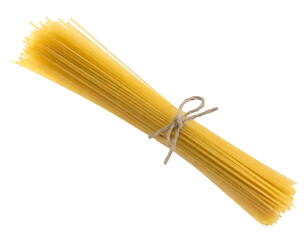 A bundle of uncooked spaghetti noodles ready for cooking, showcasing a classic Italian ingredient for delicious meals.
